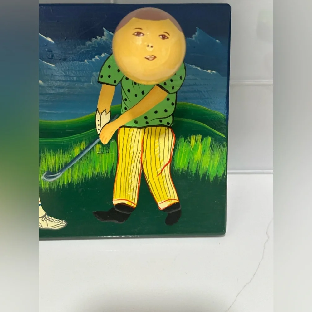 Golf Golfing Ball Wood Plaque Holder Painted HANDMADE FOLK-ART Coat Rack unique